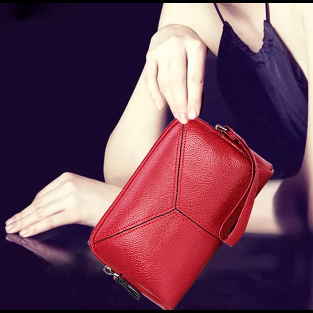 Ladies Red leatherclutch purse card phone handbag